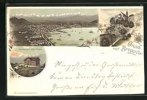Lithographie Bregenz, Hotel Pfänder auf der Pfänderspitze, Stadt vom Buchenberg, St. Gebhardskapelle