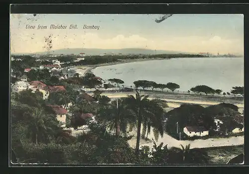 AK Bombay, View from Malabar Hill, Blick über Palmen, Häusern aufs Meer