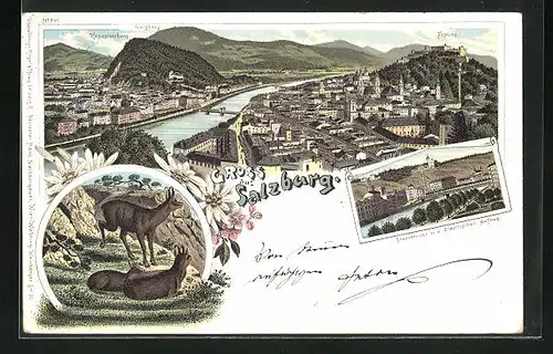 Lithographie Salzburg, Ortsansicht mit Kapuzinerberg u. Festung, Stadtbrücke m. d. Electrischen Aufzug