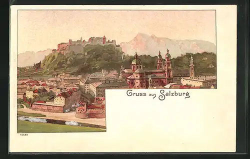 Lithographie Salzburg, Ortsansicht mit Dom, Festung Hohensalzburg und Gebirge