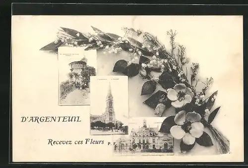 Passepartout-AK Argenteuil, Recevez ces Fleurs, Basilika, Turm, Strassenpartie mit Gebäudeansicht