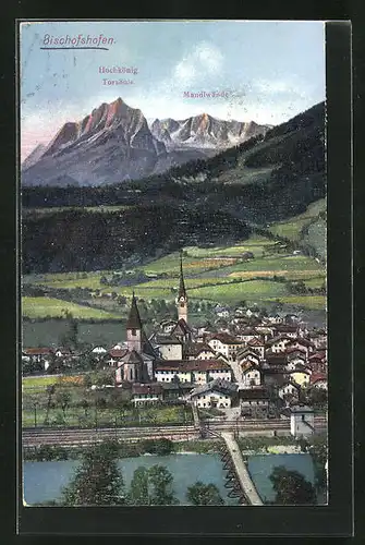 AK Bischofshofen, Panorama mit Mandlwände, Torsäule und Hochkönig