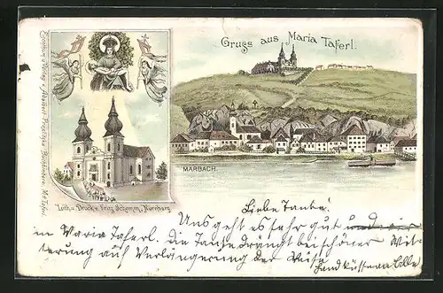 Lithographie Maria Taferl, Ortsansicht mit Marbach, Kirche
