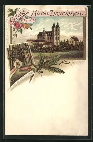 Lithographie Maria Dreieichen, Blick zur Kirche, Kreuz mit Bründle