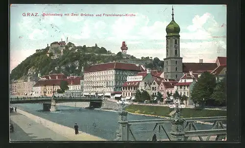 AK Graz, Schlossberg mit Zwei Brücken und Franziskaner-Kirche