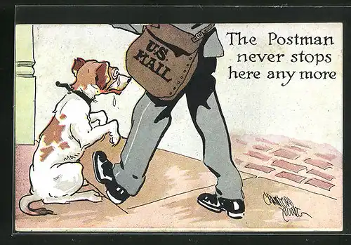 AK The postman never stops here anymore, bettelnder Hund wartet auf den Briefträger