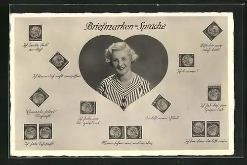 AK junge Frau lächelnd im Herz, Briefmarkensprache