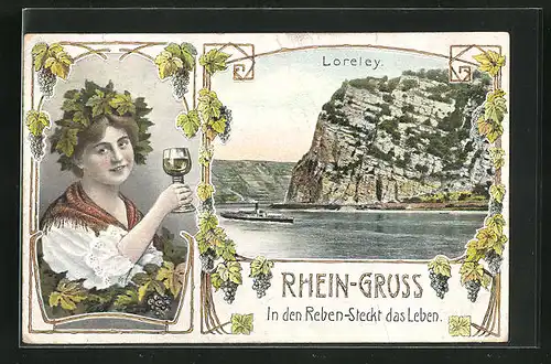 AK Loreleyfelsen, Rhein-Gruss, in den Reben - steckt das Leben, Frau mit Weinglas