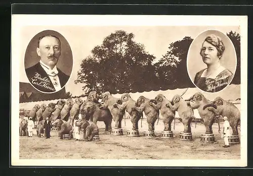 AK Porträts von Carl und Ida Krone vom Zirkus Krone, dressierte Elefanten