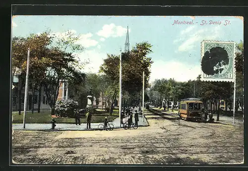 AK Montreal, St. Denis Street, Strassenpartie mit Strassenbahn