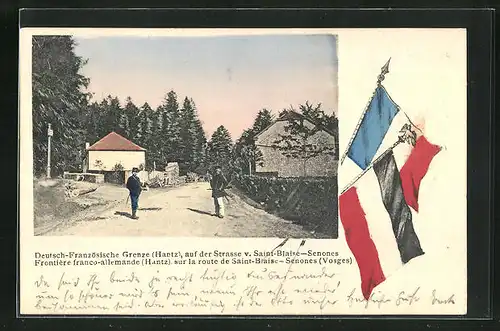 AK Saint-Blaise-Senones, Deutsch-Französische Grenze Hantz, Strassenpartie mit Soldaten in Uniformen, Flaggen