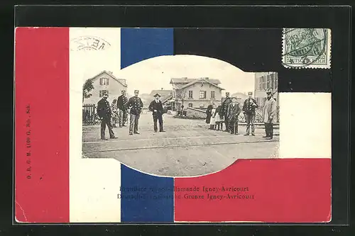 Passepartout-AK Igney-Avricourt, Deutsch-Französische Grenze mit Soldaten in Uniformen, Nationalflaggen