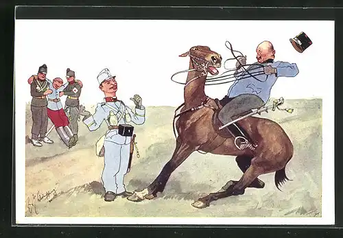 Künstler-AK Fritz Schönpflug: Soldat in Uniform auf einem scheuenden Pferd