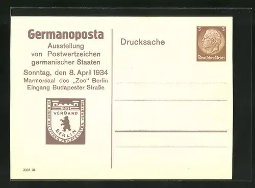 AK Berlin, Germanoposta-Ausstellung von Postwertzeichen germanischer Staaten 1934, Ganzsache