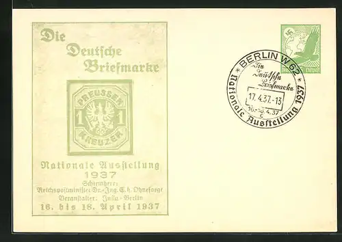 AK Berlin, Nationale Ausstellung Die Deutsche Briefmarke 1937, 1 Kreuzer-Marke, Ganzsache