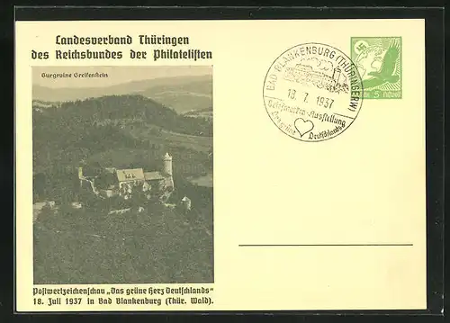 AK Bad Blankenburg, Postwertzeichenschau Das grüne Herz Deutschlands 1937, Burgruine Greifenstein, Ganzsache