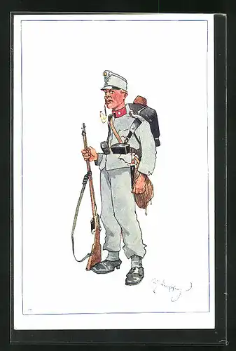 Künstler-AK Fritz Schönpflug: Soldat in Uniform mit Waffe und Sturmgepäck