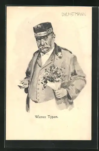 AK Wiener Typen, Dienstmann mit Blumenstrauss