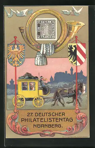 AK Nürnberg, 27. Deutscher Philatelisten-Tag 1921, Postkutsche, Ganzsache