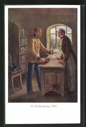 Künstler-AK Stadtbriefträger übergibt Brief 1860