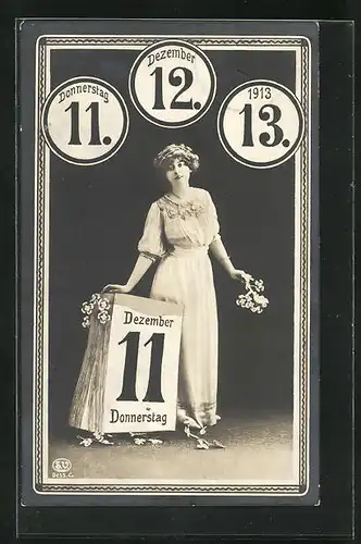AK Datum 11.12.13. Frau mit Kalenderblatt und Blumen
