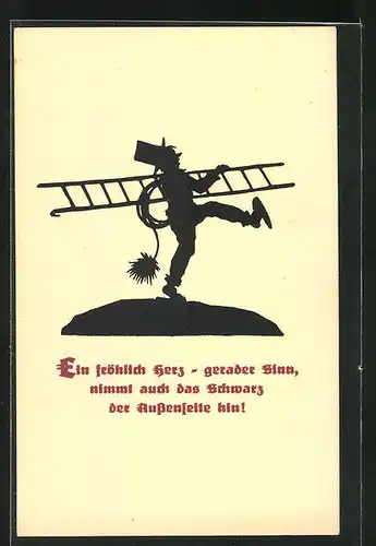 AK Schornsteinfeger mit Leiter auf dem Weg zur Arbeit, Scherenschnitt