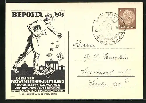 AK Berlin, Postwertzeichen-Ausstellung BEPOSTA 1935, Mann lässt Briefmarken regnen, Ganzsache