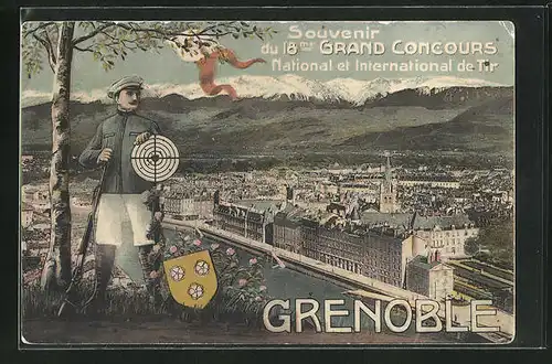 AK Grenoble, 18me Grand Concours National et International de Tir, Schütze mit Zielscheibe vor Stadtansicht