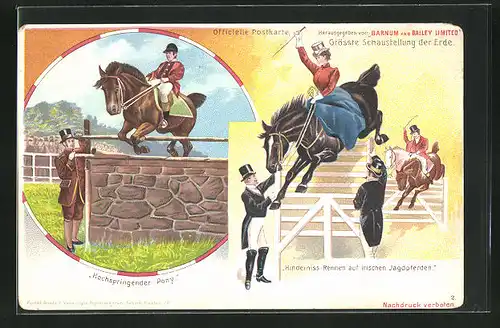 AK Zirkus Barnum and Bailey Limited, Hindernis-Rennen auf irischen Jagdpferden, Pony überwindet ein Hindernis