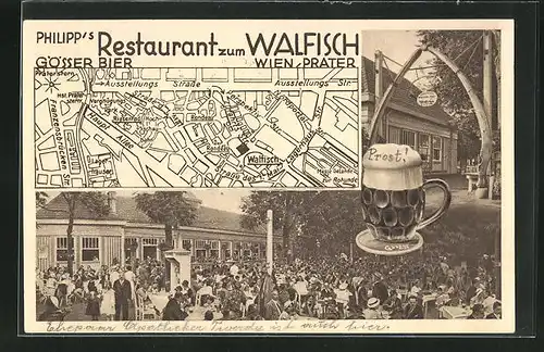 AK Wien, Wiener Prater, Philipp`s Restaurant zum Walfisch, Strassenkarte mit Standort