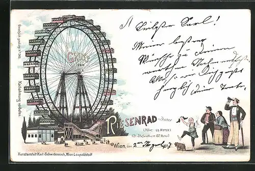 Lithographie Wien, Wiener Prater, Besucher betrachten das Riesenrad