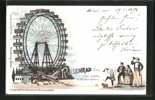 Lithographie Wien, Wiener Prater, Besucher bestaunen das Riesenrad