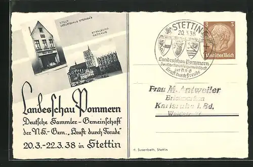 AK Stettin, Landesschau Pommern, Deutsche Sammlerschau 1938, Stralsund mit Rathaus, Ganzsache