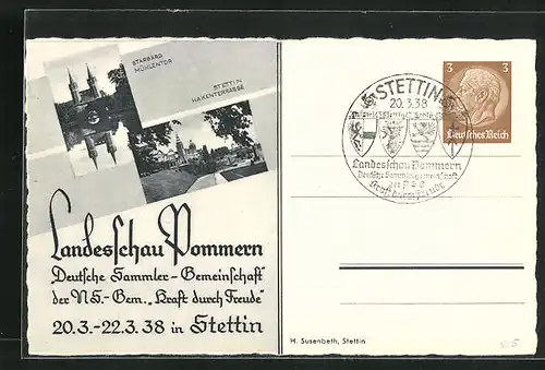 AK Stettin, Landesschau Pommern, Deutsche Sammlergemeinschaft 1938, Hakenterrasse u. Mühlentor, Ganzsache