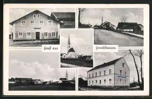 AK Gundihausen, Blick auf die Kirche, Strassenpartie im Ort