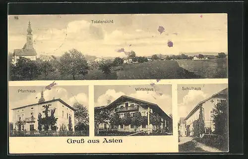 AK Asten, Gasthaus, Schule, Pfarrhaus, Ortsansicht