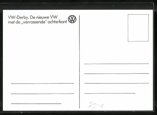 AK VW-Derby, de nieuwe VW met de verrassende achterkant, gelber Volkswagen-Derby auf der Landstrasse