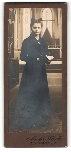 Fotografie Alwin Teich, Neustadt i. S., Portrait bezauberndes Fräulein mit Haarschleife und Buch