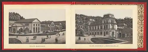 Leporello-Album Marienbad, mit 18 Lithographie-Ansichten, Kreuzbrunnen, Moorbad, Telegrafenamt, Kaiserstrasse