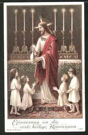 Heiligenbild Jesus und betende Kinder, Erinnerung an die erste heilige Kommunion