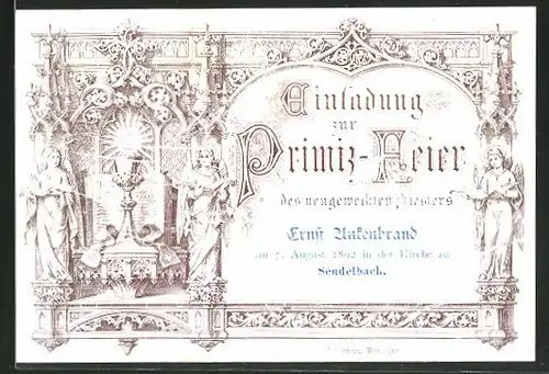 Einladung Primiz-Feier, Sendelbach 1892, Priester Ernst Ansenbrand, Heiliger Gral und Engel