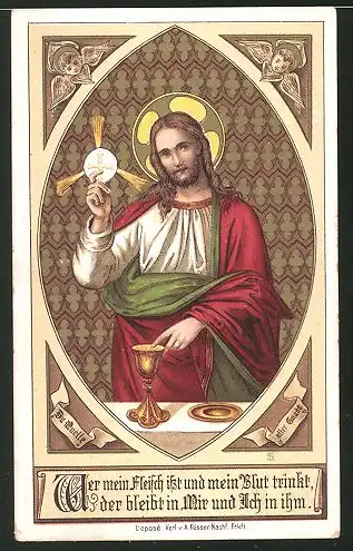 Heiligenbild Jesus mit Oblate und Heiliger Gral, Bibelvers