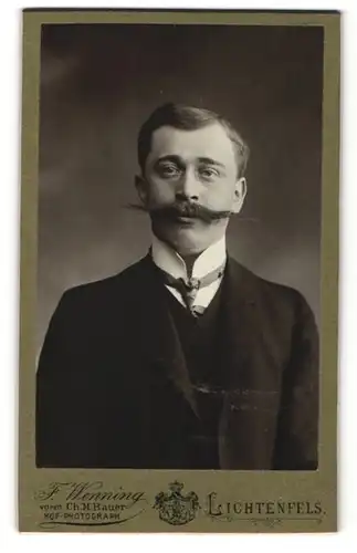 Fotografie F. Wenning, Lichtenfels, eleganter Herr mit langem Schnurrbart in Dreiteiler