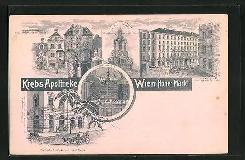Lithographie Wien, Krebs Apotheke, Hoher Markt, Votiv Denkmal, Palais Sina
