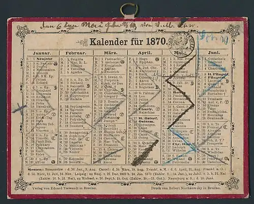 Kalender 1870, mit Namenstagen, Verlag Eduard Trewendt in Breslau, Druck Robert Nischkowsky in Breslau