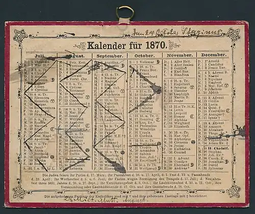 Kalender 1870, mit Namenstagen, Verlag Eduard Trewendt in Breslau, Druck Robert Nischkowsky in Breslau
