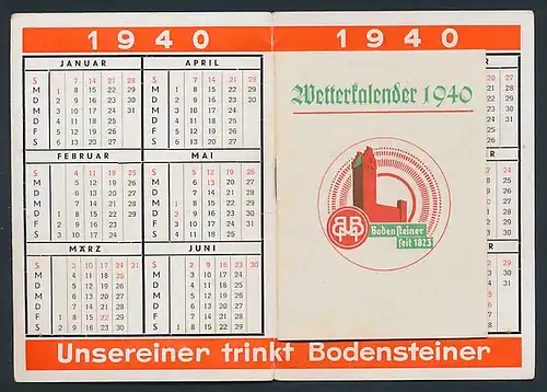 Kalender 1940, mit Wetterkalender, Brauerei Bodenstein AG Magdeburg, Braukessel im Sudhaus