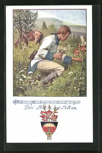 Künstler-AK Karl Friedrich Gsur: Deutscher Schulverein Nr. 1235: Herr pflückt Blumen, Im Hintergrund Pferd auf der Weide
