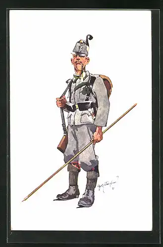Künstler-AK Fritz Schönpflug: Soldat in Uniform mit Pfeife u. Lanze