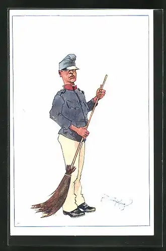 Künstler-AK Fritz Schönpflug: Soldat in Uniform mit Kehrbesen